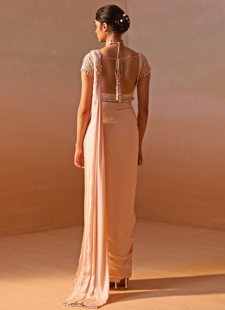Blush Pink Satin Pre Draped Saree Set