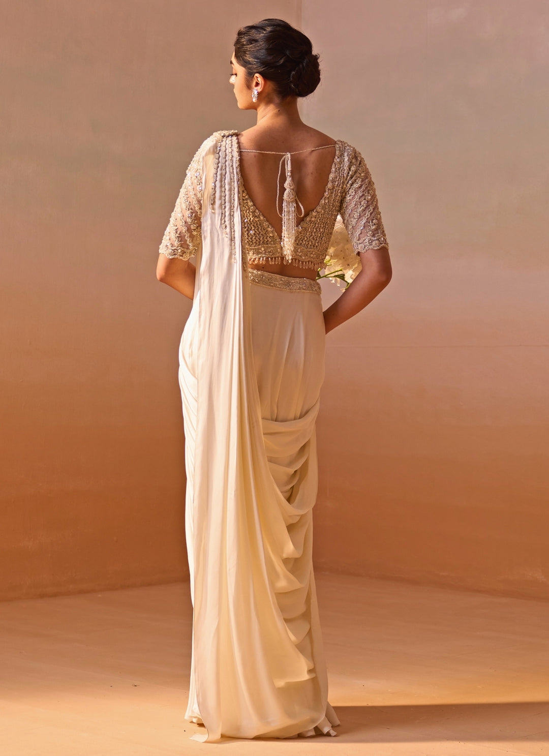 Ivory Satin Pre Draped Saree Set