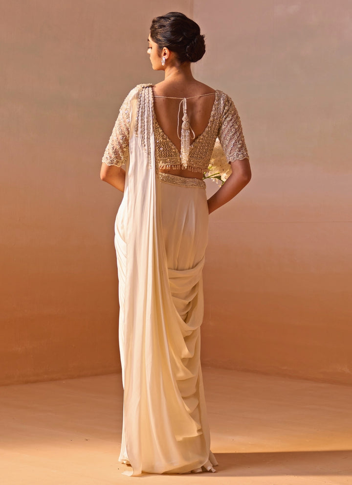 Ivory Satin Pre Draped Saree Set