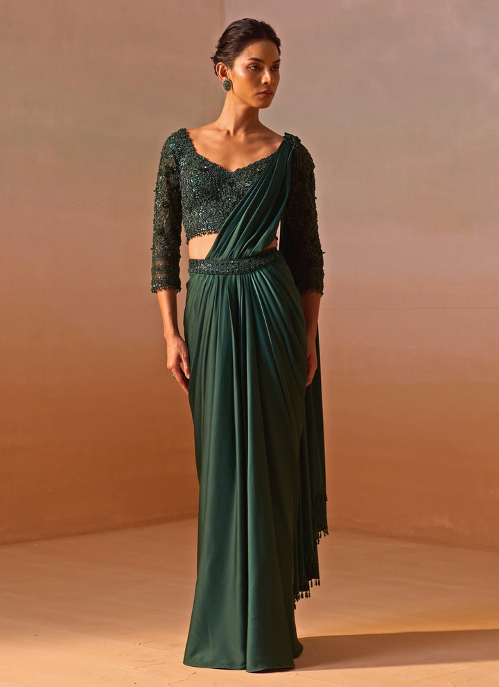 Bottle Green Satin Pre Draped Saree