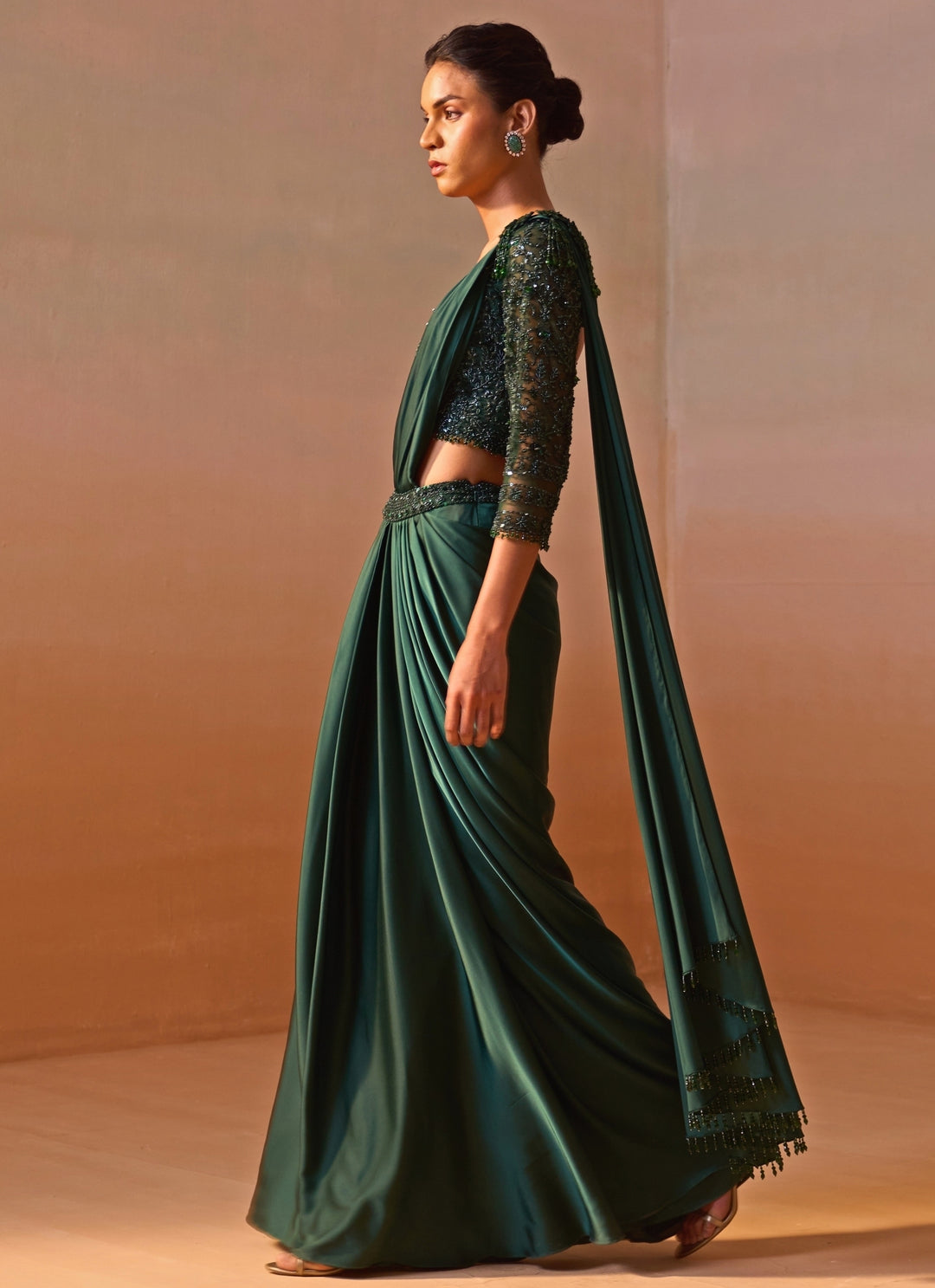 Bottle Green Satin Pre Draped Saree