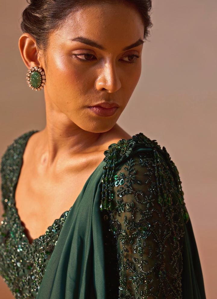 Bottle Green Satin Pre Draped Saree