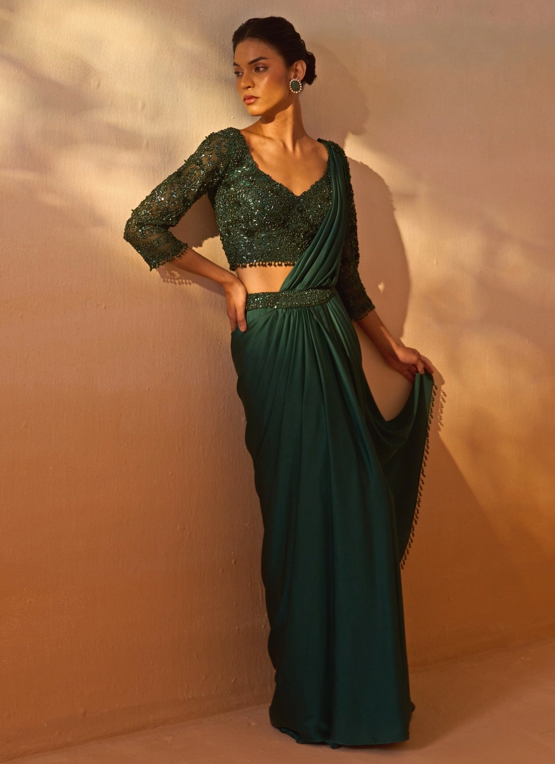 Bottle Green Satin Pre Draped Saree