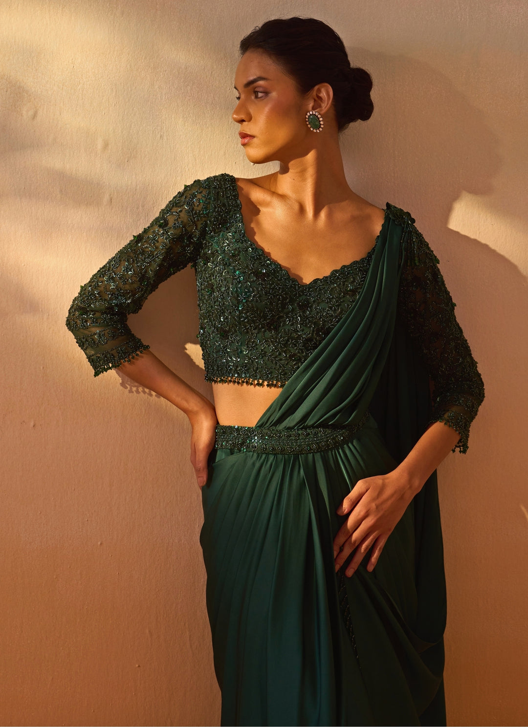Bottle Green Satin Pre Draped Saree