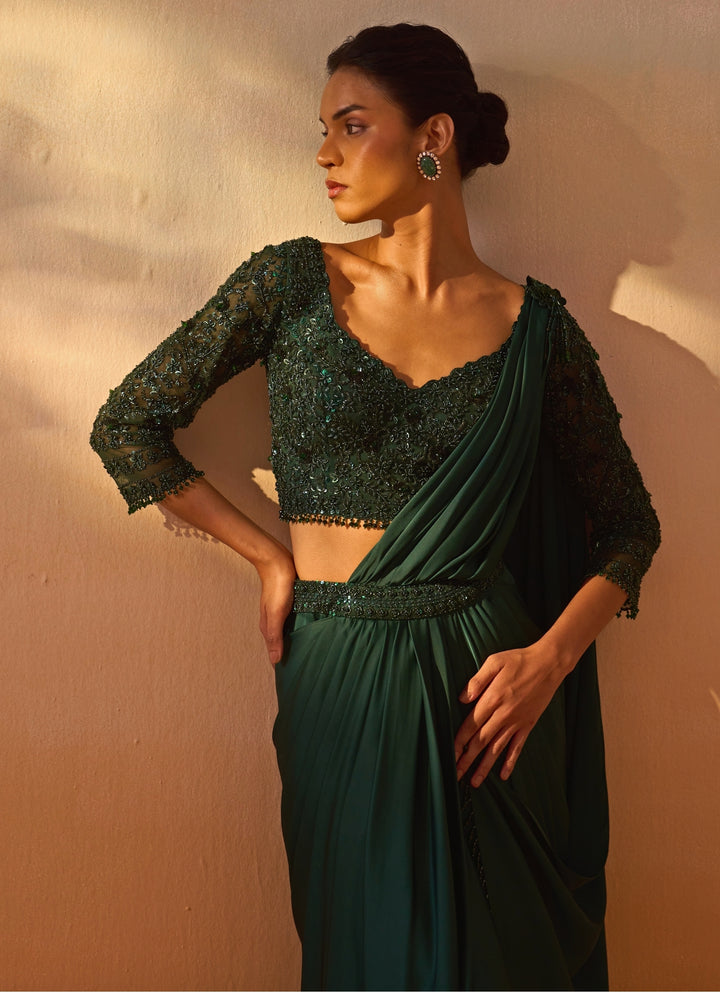 Bottle Green Satin Pre Draped Saree