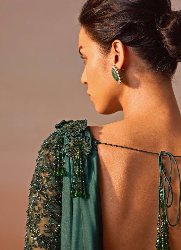 Bottle Green Satin Pre Draped Saree