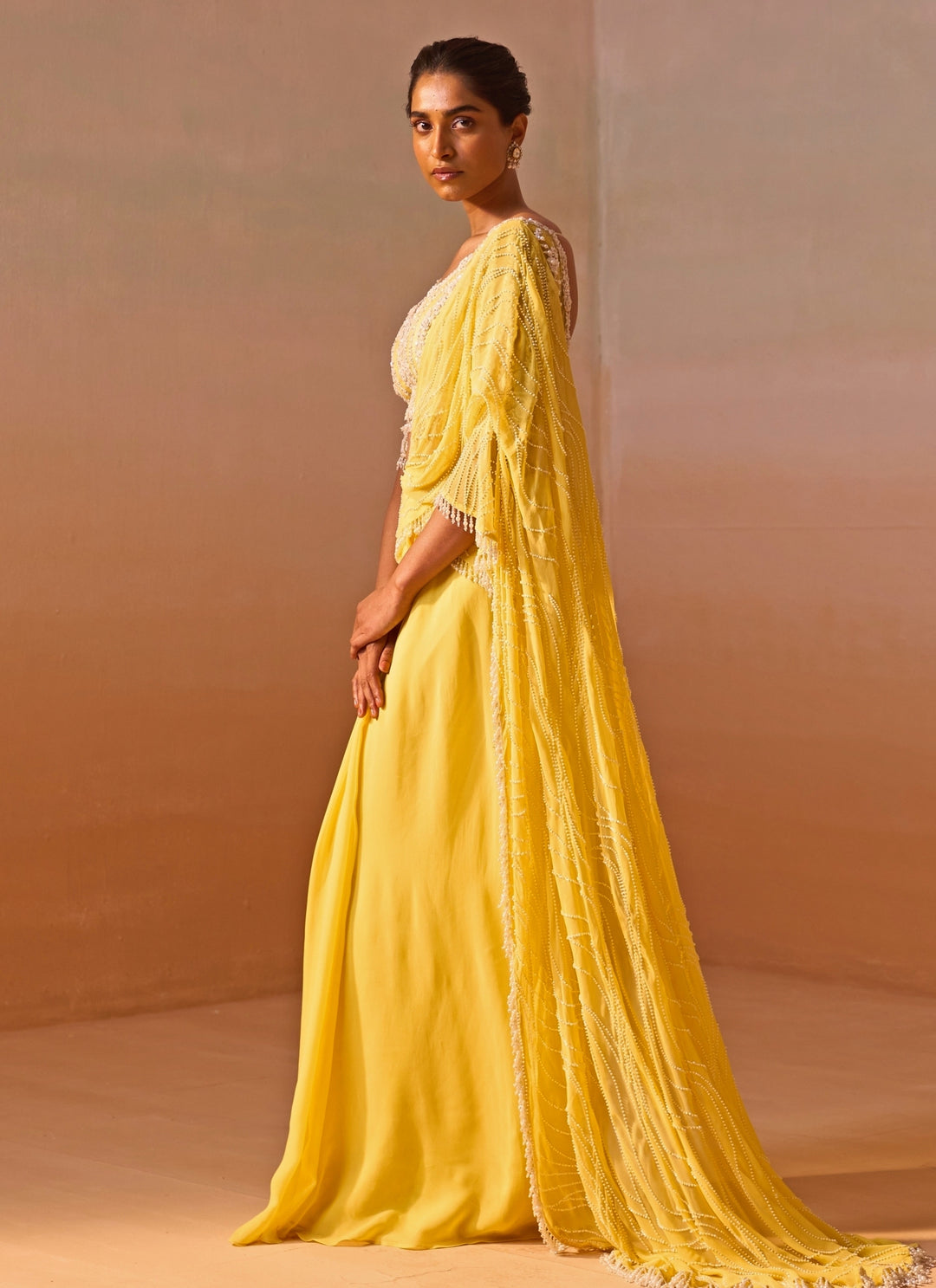 Yellow Georgette Pre Draped Saree