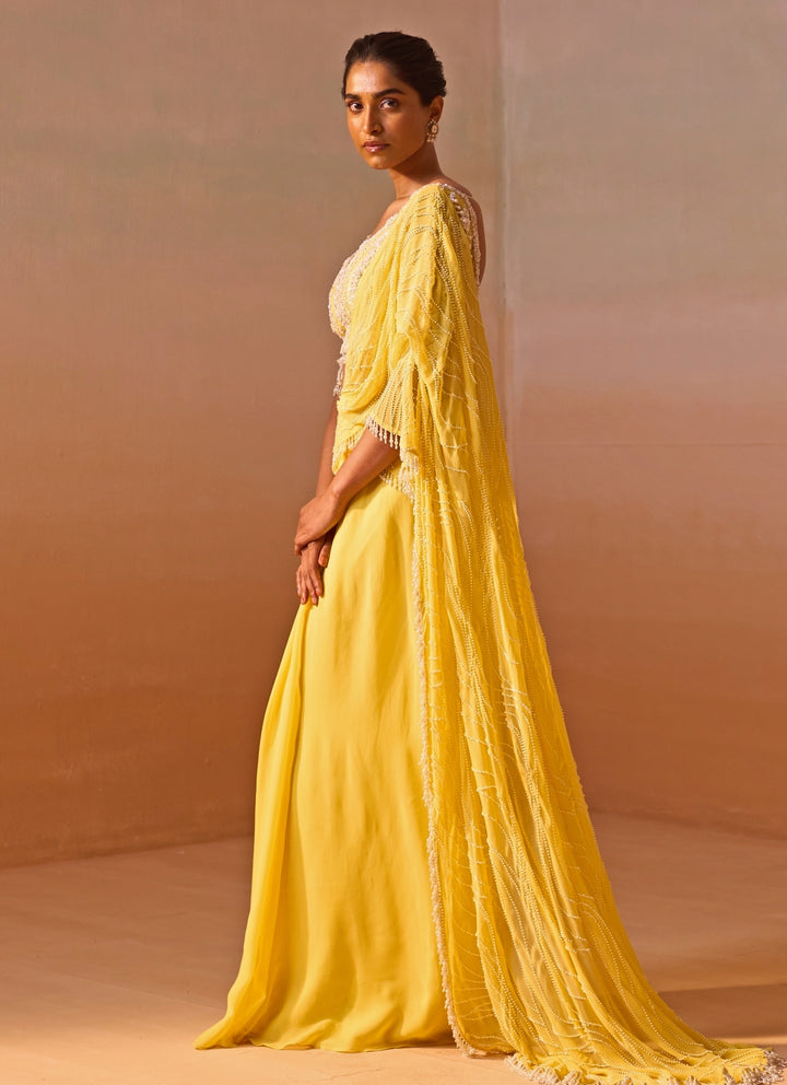 Yellow Georgette Pre Draped Saree