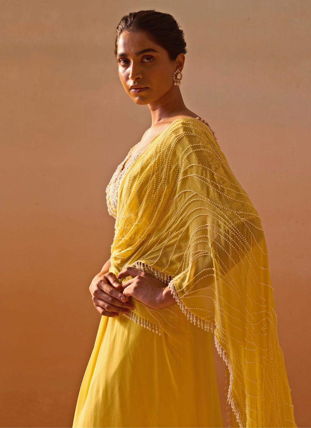 Yellow Georgette Pre Draped Saree