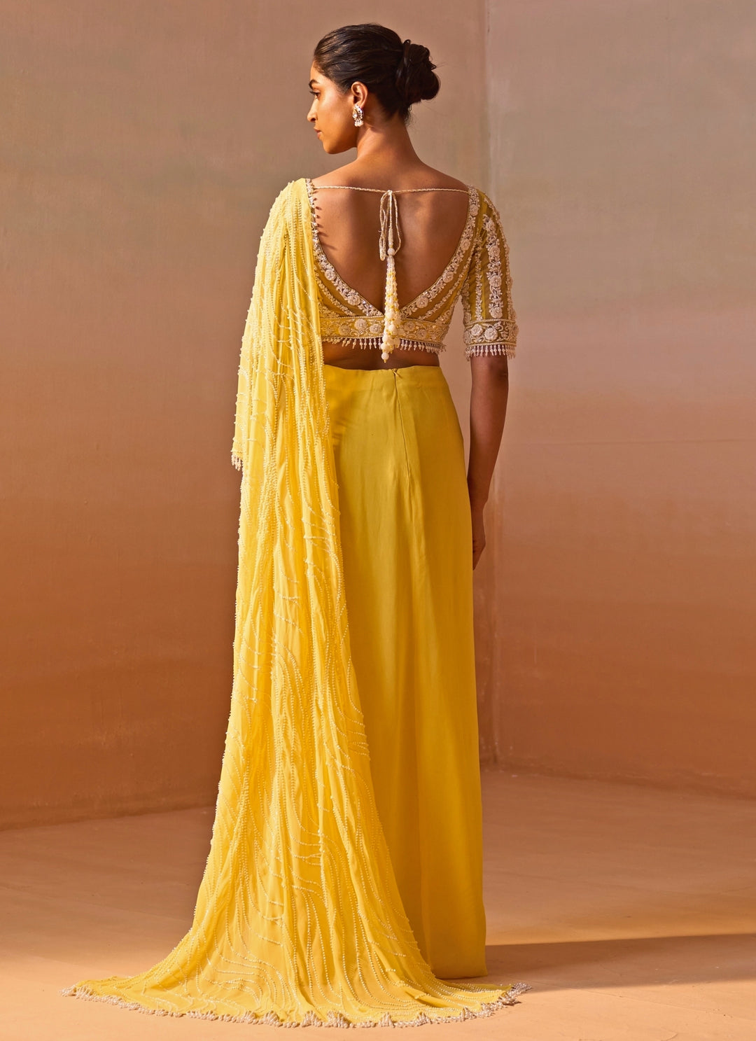 Yellow Georgette Pre Draped Saree