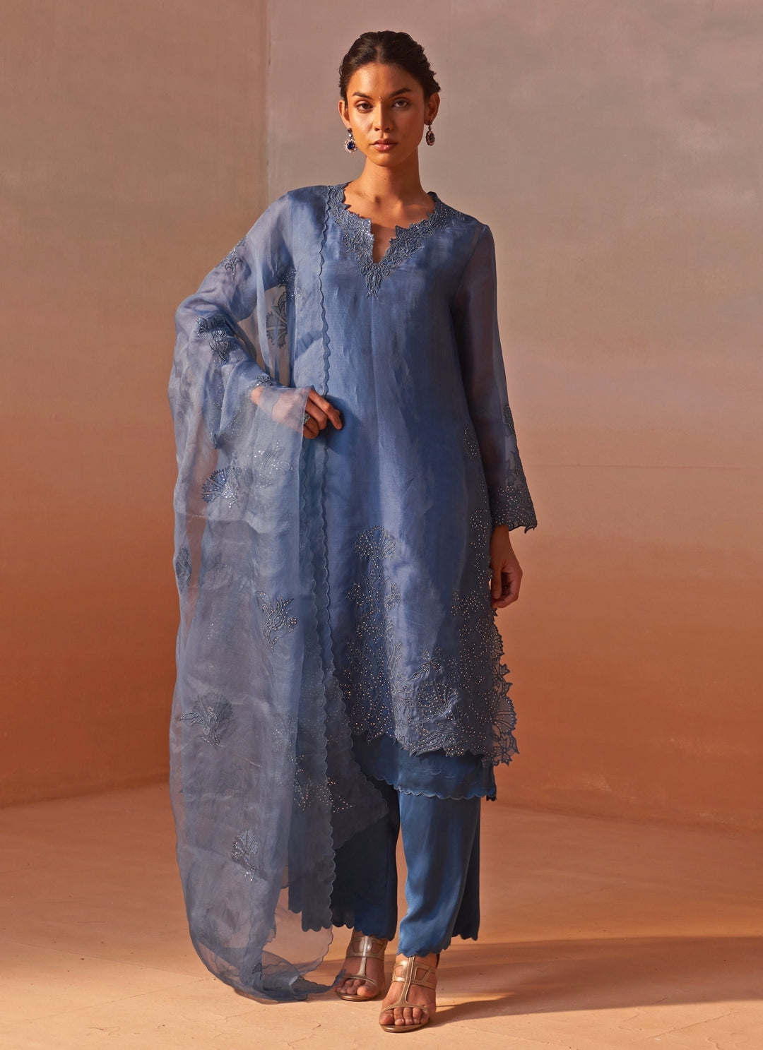 Blue Organza Kurta Pants Set
