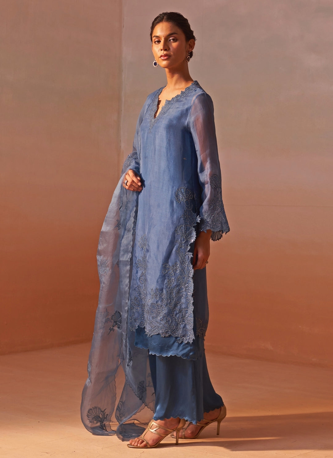 Blue Organza Kurta Pants Set