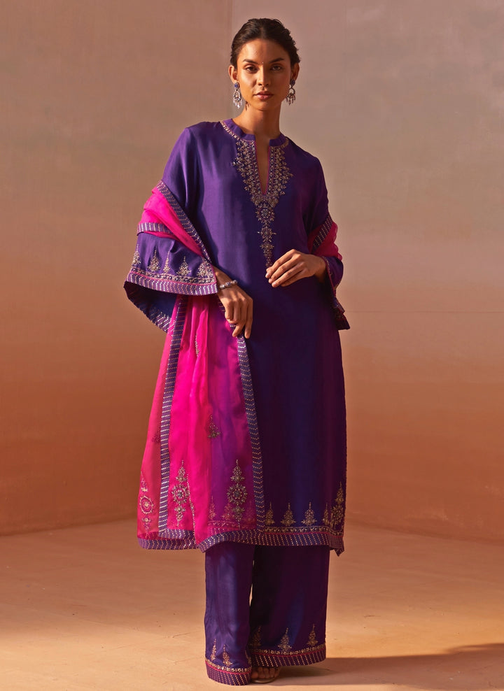 Purple Silk Kurta Palazzo Set With Pink Dupatta