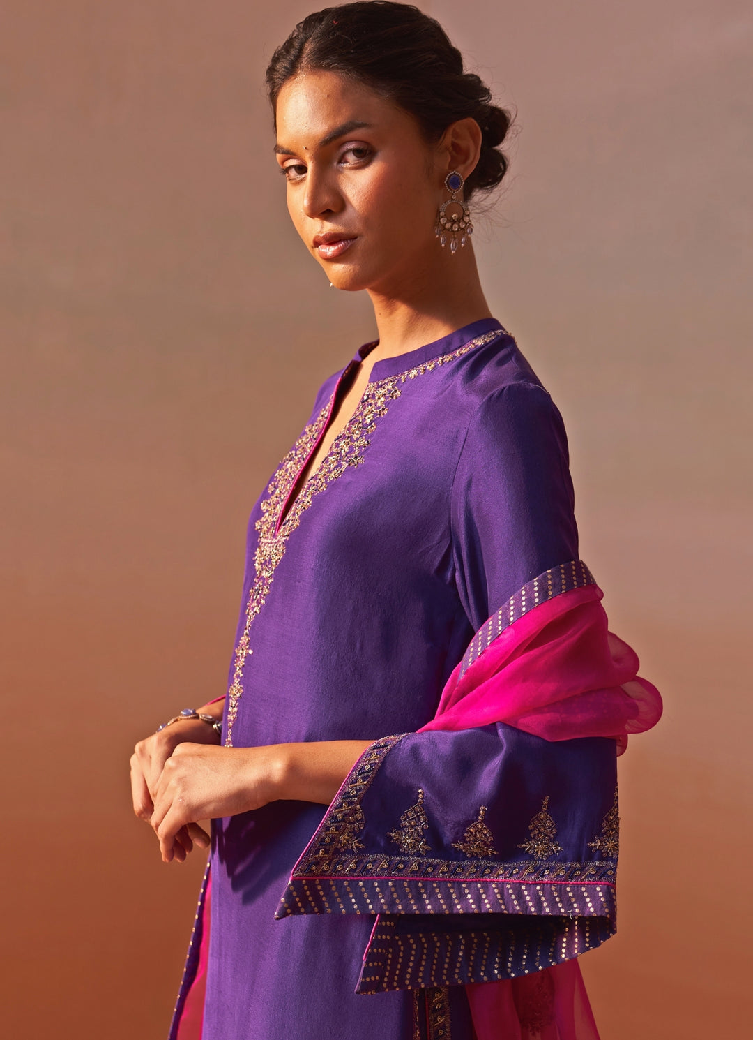 Purple Silk Kurta Palazzo Set With Pink Dupatta