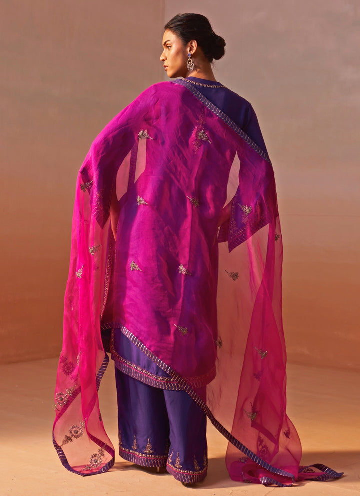 Purple Silk Kurta Palazzo Set With Pink Dupatta