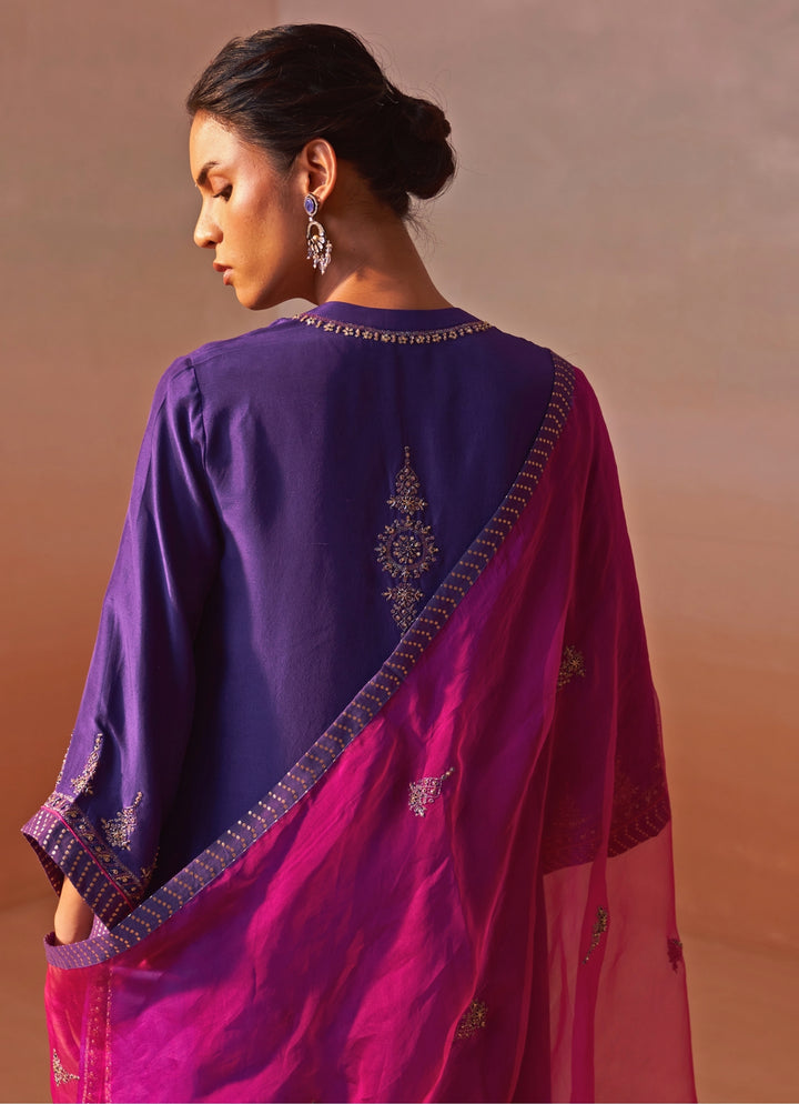 Purple Silk Kurta Palazzo Set With Pink Dupatta