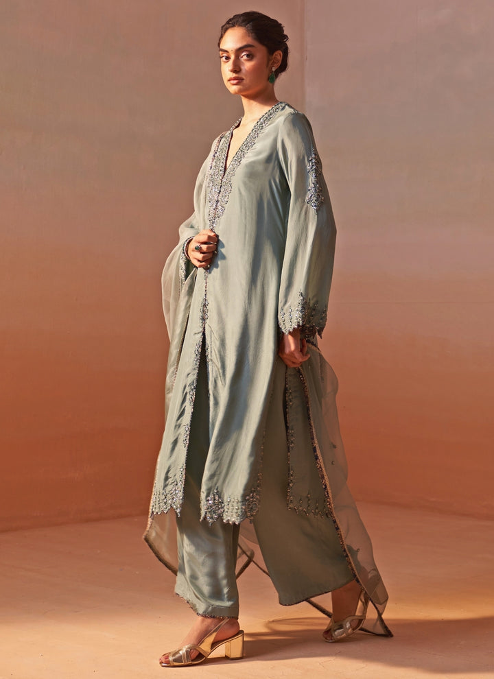Sage Green Silk Kurta Palazzos Set