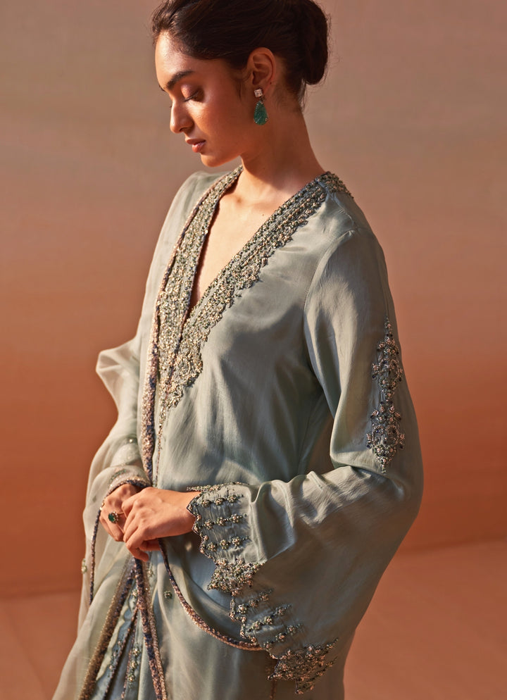 Sage Green Silk Kurta Palazzos Set