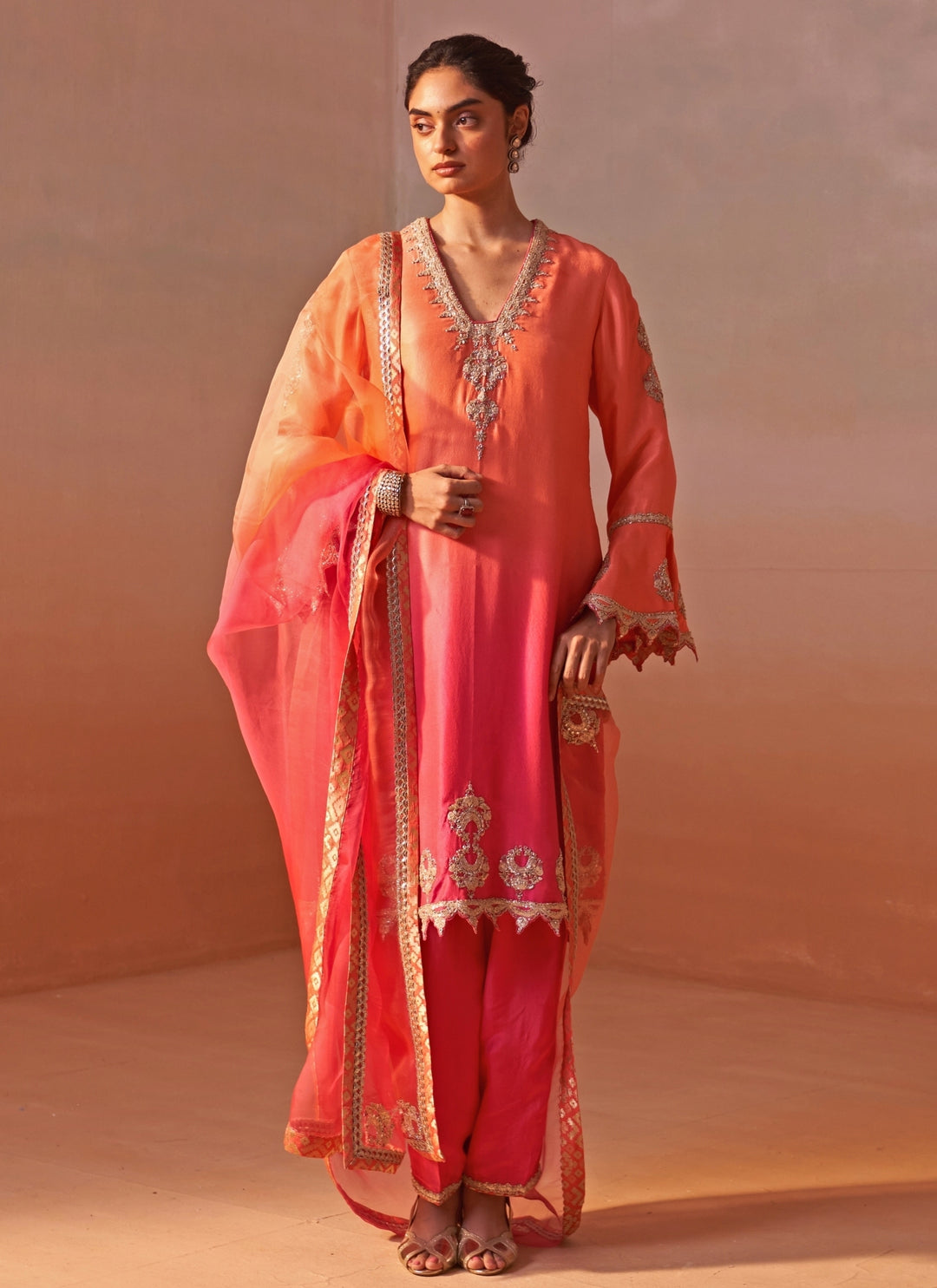 Peach And Pink Shaded Silk Kurta Salwar Set