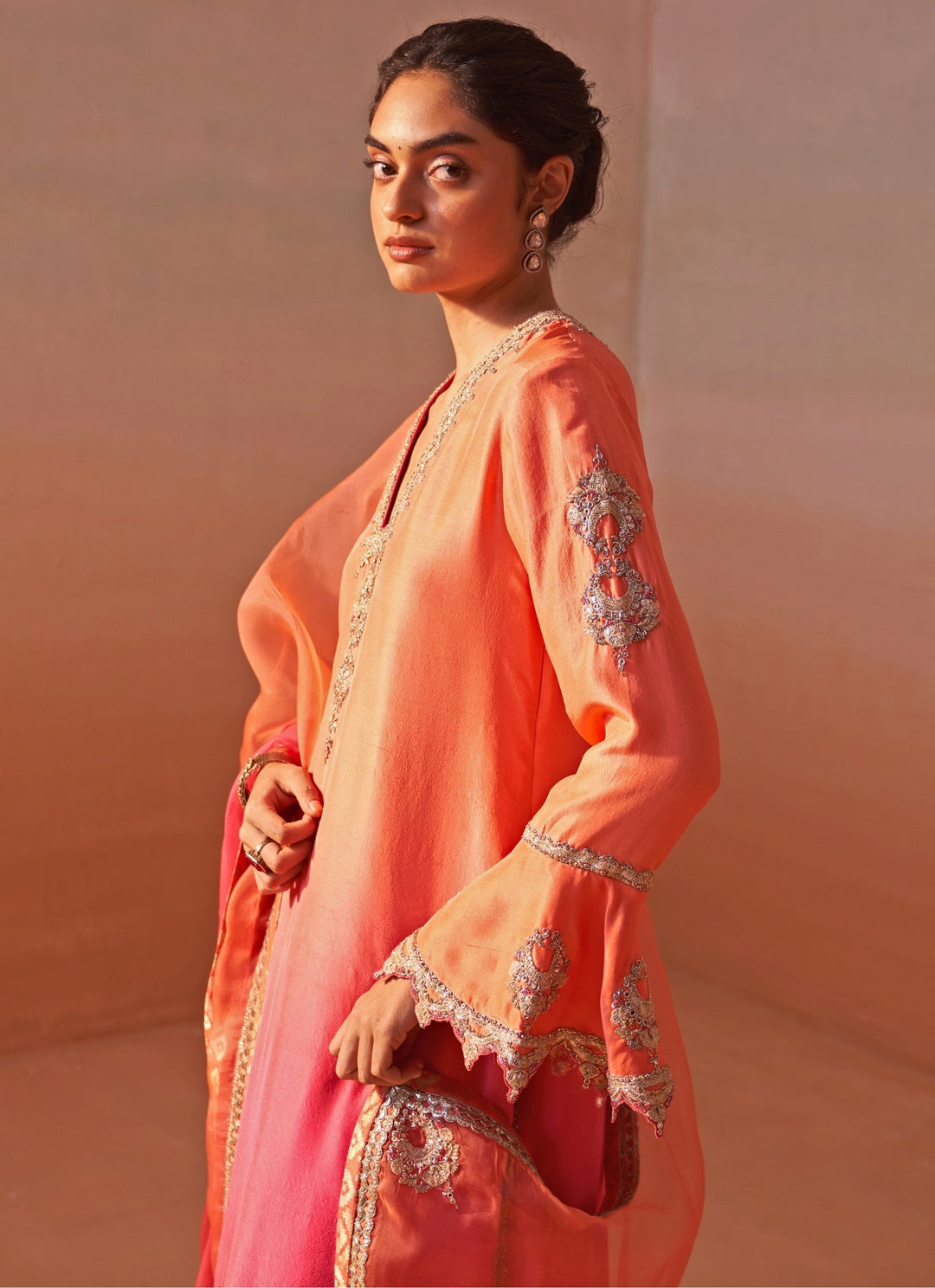 Peach And Pink Shaded Silk Kurta Salwar Set