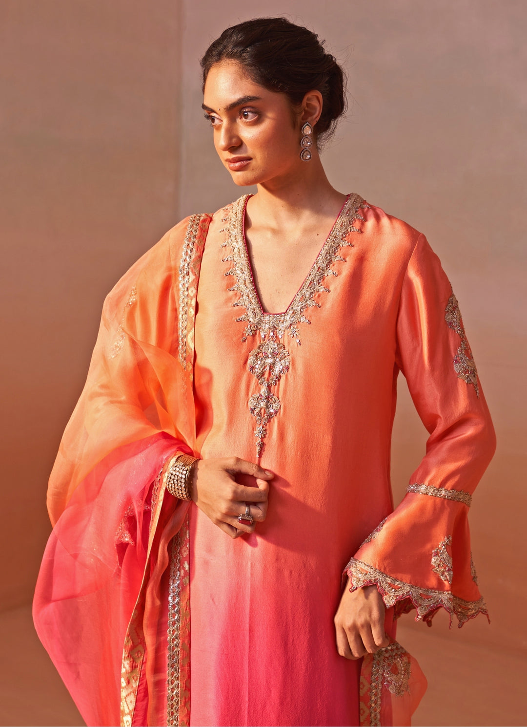 Peach And Pink Shaded Silk Kurta Salwar Set