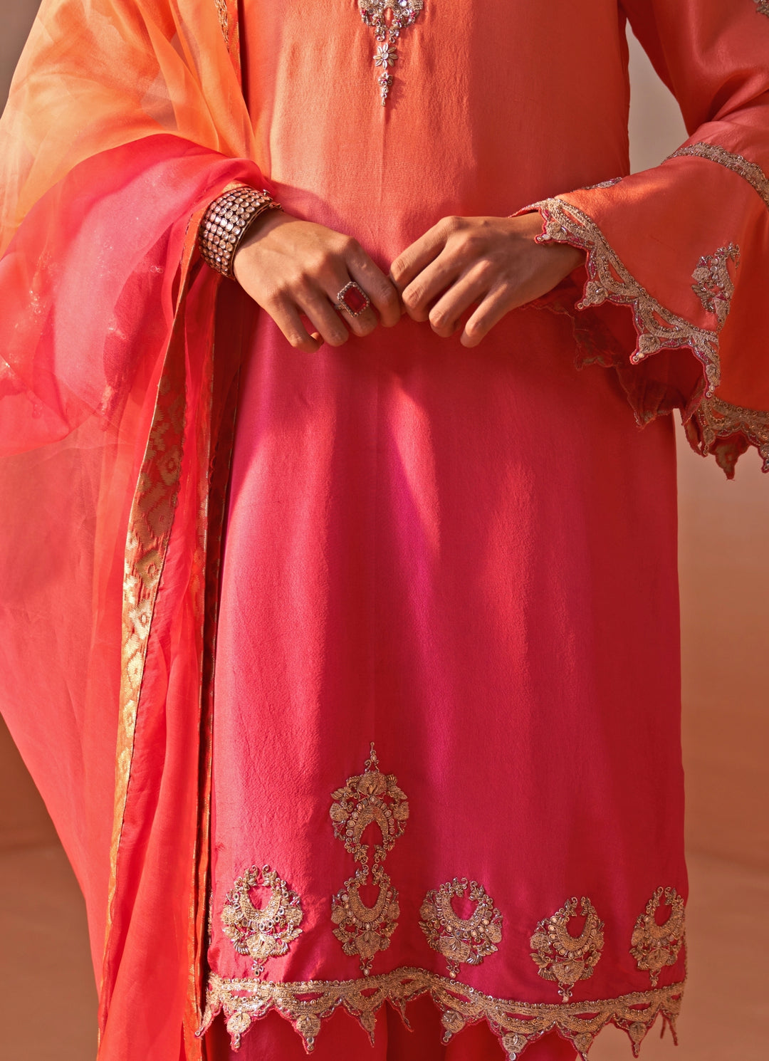 Peach And Pink Shaded Silk Kurta Salwar Set