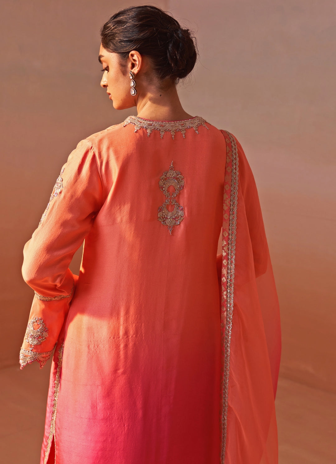 Peach And Pink Shaded Silk Kurta Salwar Set
