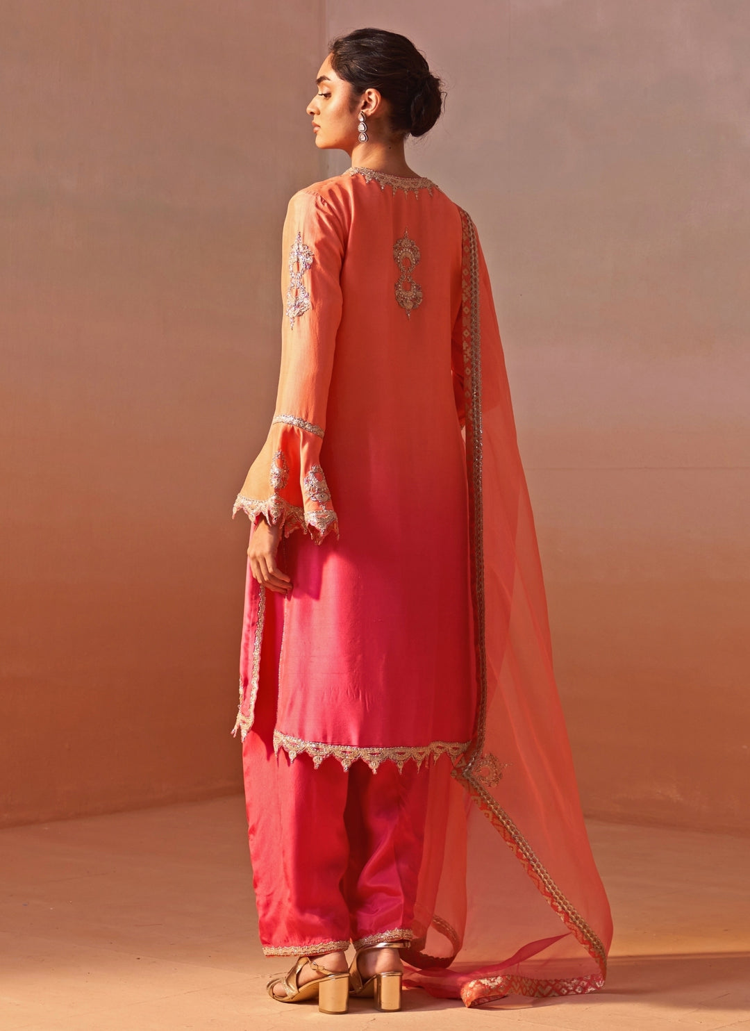 Peach And Pink Shaded Silk Kurta Salwar Set