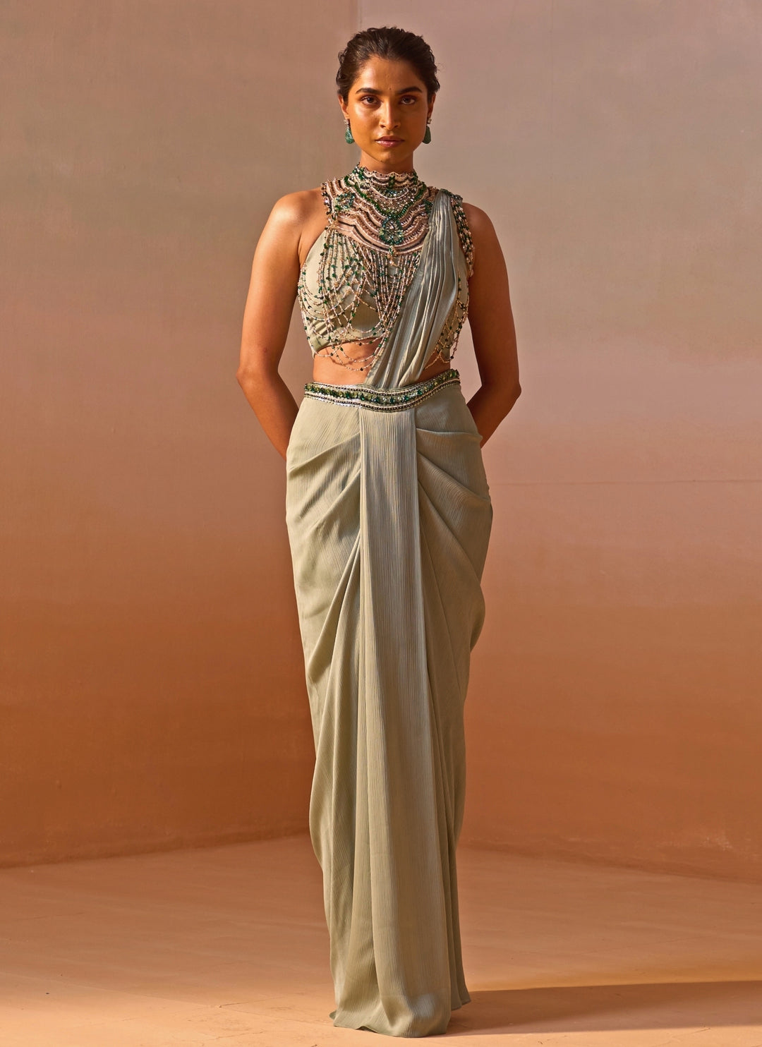 Sage Green Satin Pre Draped Saree