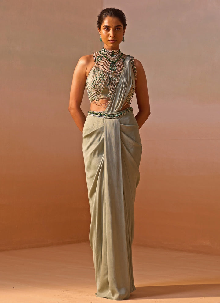 Sage Green Satin Pre Draped Saree