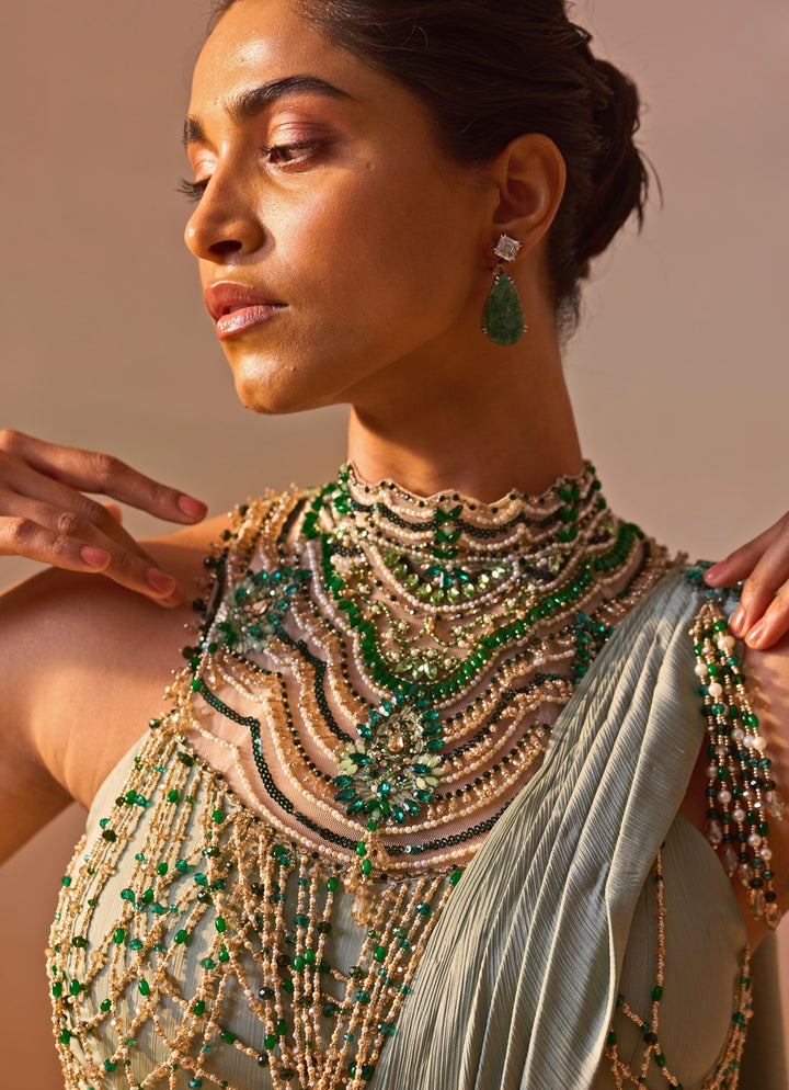 Sage Green Satin Pre Draped Saree