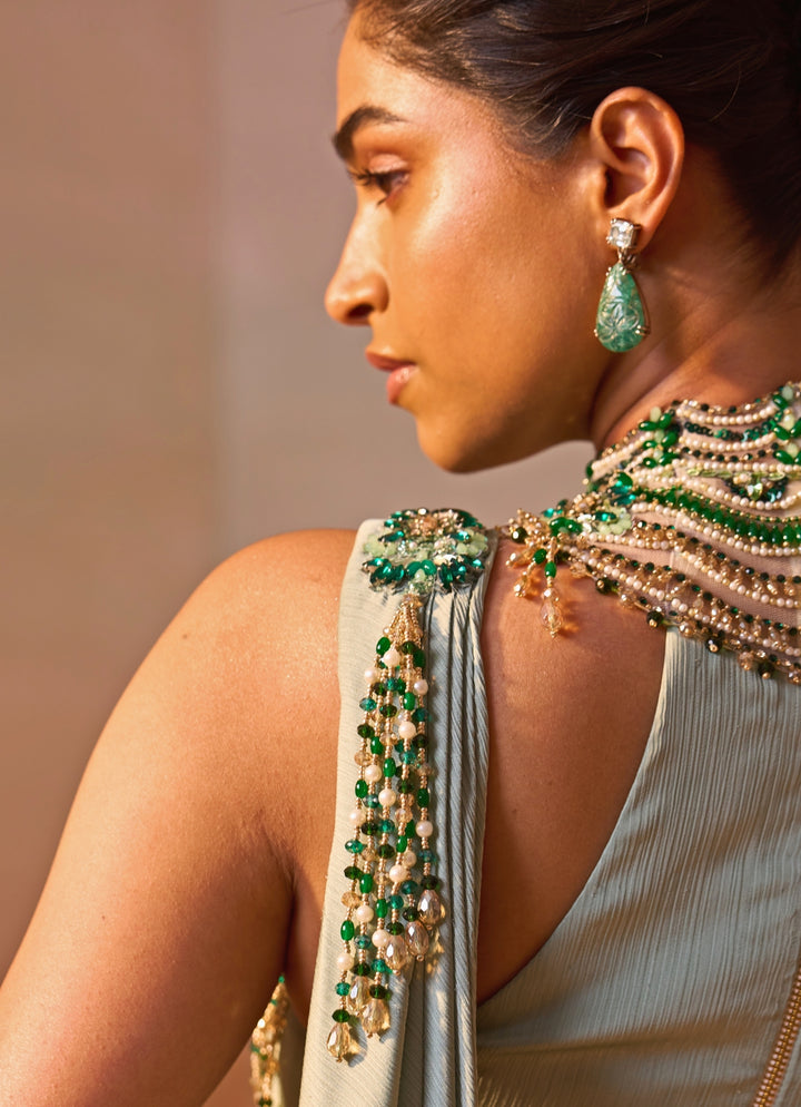 Sage Green Satin Pre Draped Saree