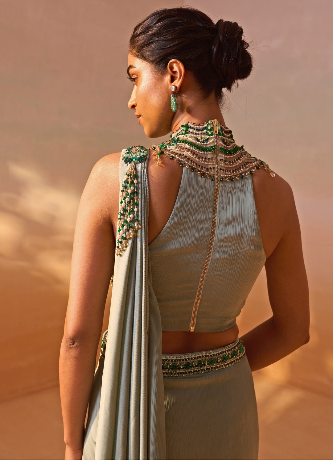 Sage Green Satin Pre Draped Saree