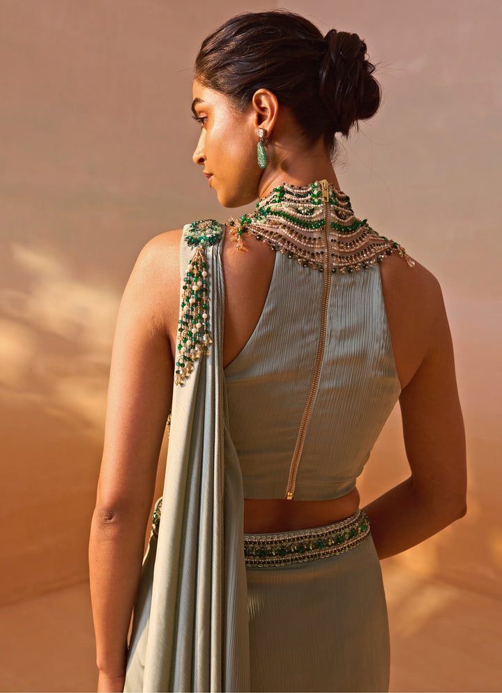 Sage Green Satin Pre Draped Saree
