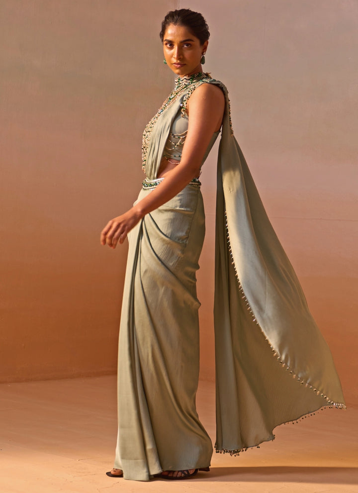 Sage Green Satin Pre Draped Saree