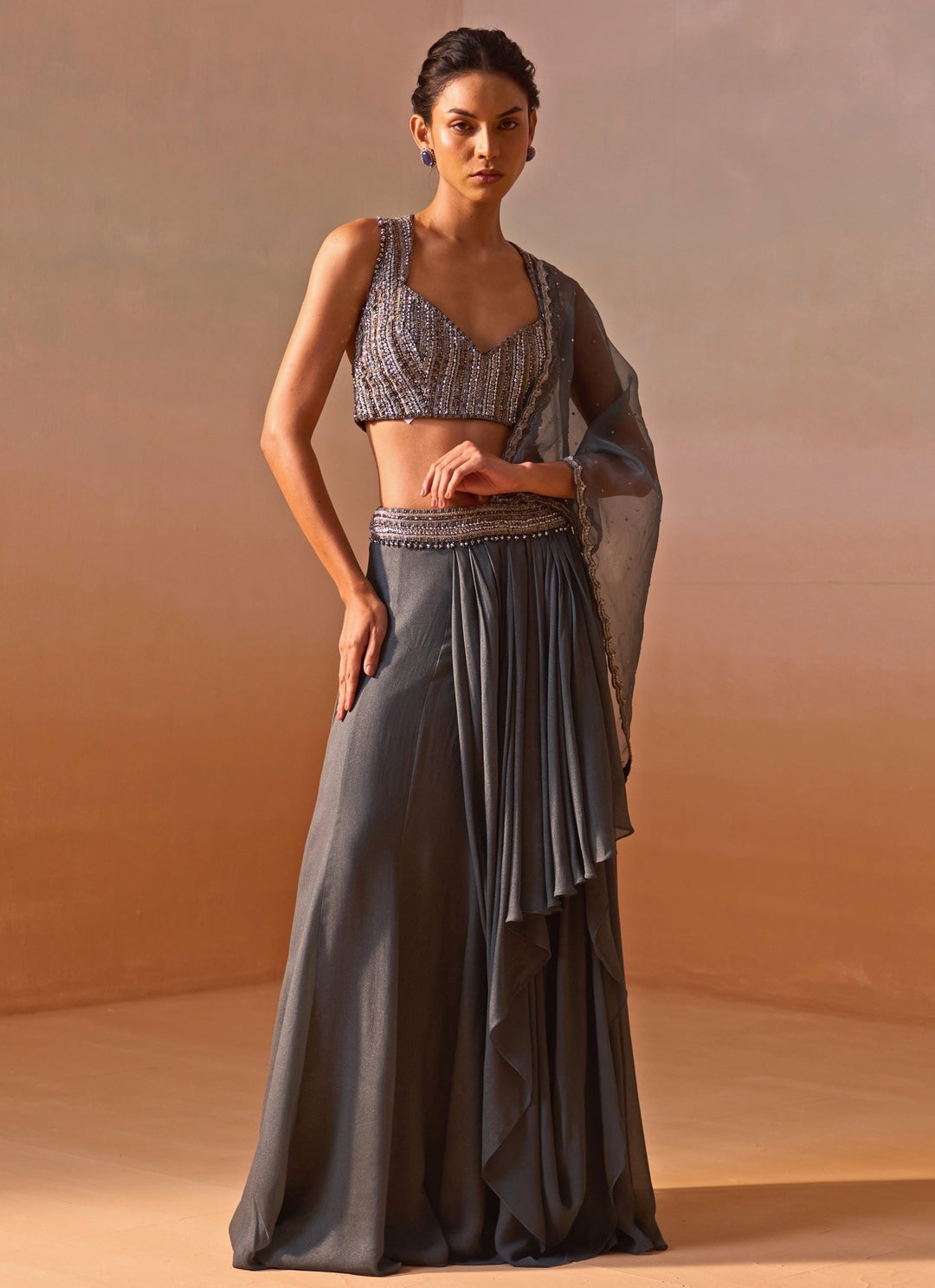 Grey Shimmer Georgette Pre Draped Saree
