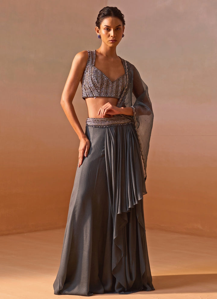 Grey Shimmer Georgette Pre Draped Saree