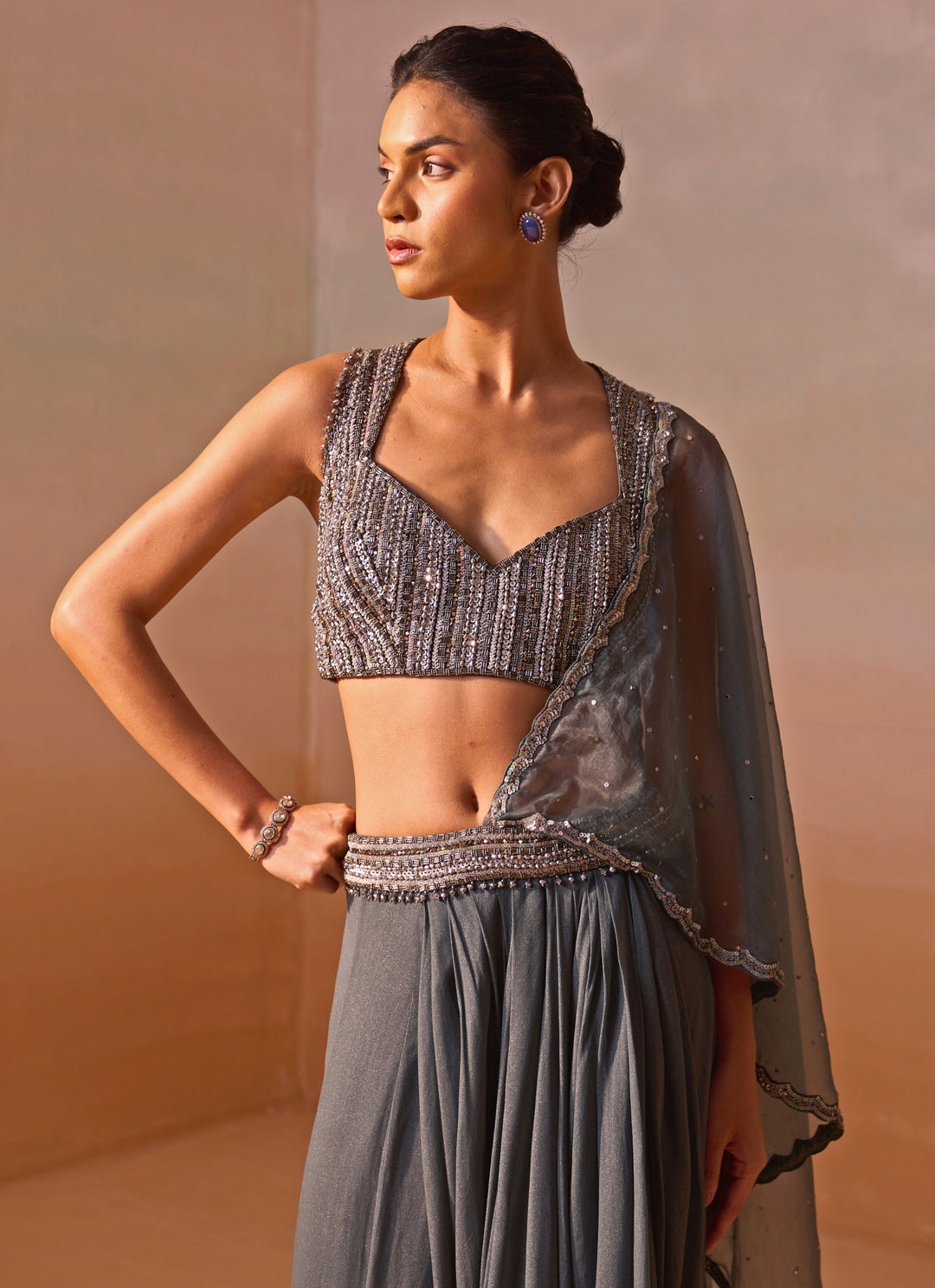 Grey Shimmer Georgette Pre Draped Saree