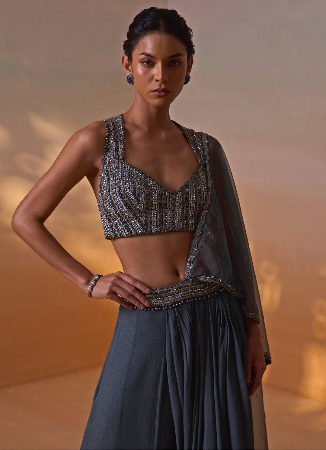 Grey Shimmer Georgette Pre Draped Saree
