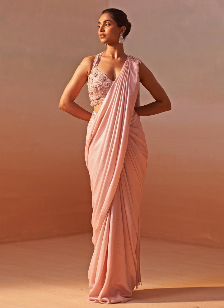 Blush Pink Shimmer Satin Pre Draped Saree