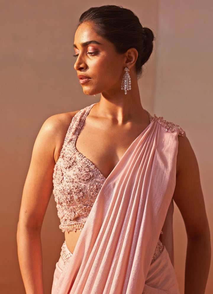Blush Pink Shimmer Satin Pre Draped Saree