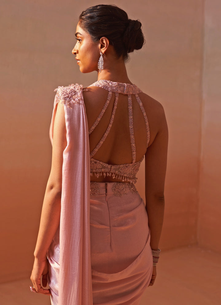 Blush Pink Shimmer Satin Pre Draped Saree