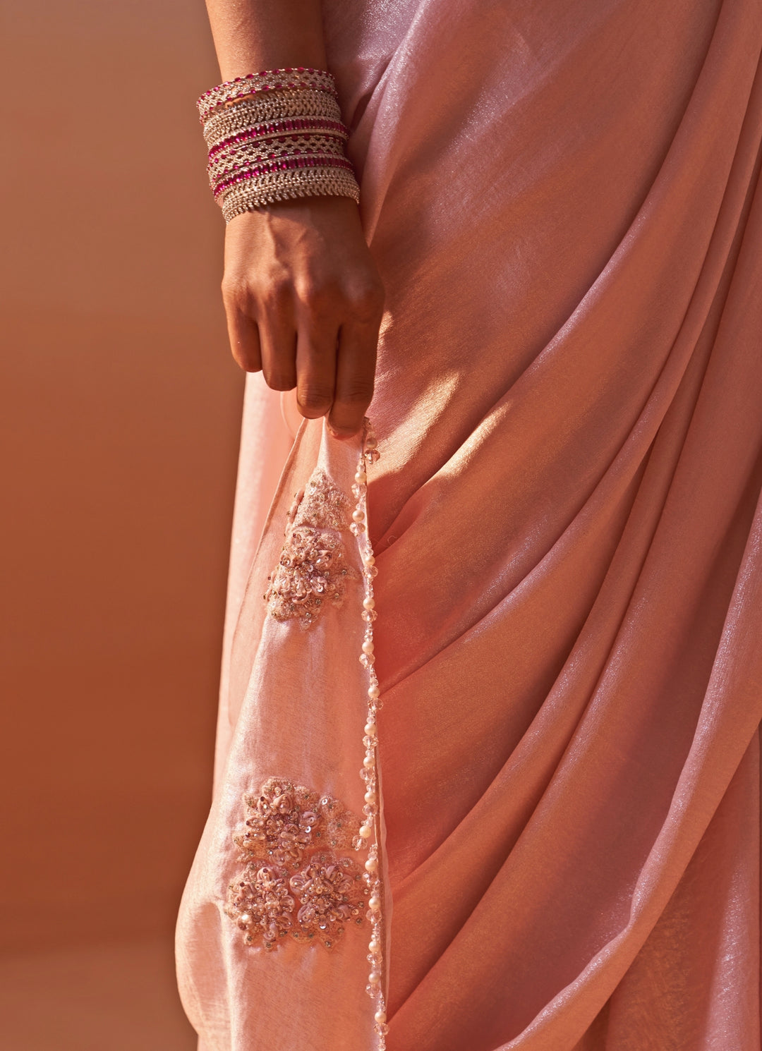 Blush Pink Shimmer Satin Pre Draped Saree