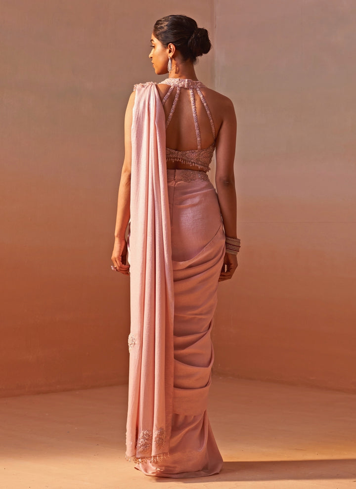 Blush Pink Shimmer Satin Pre Draped Saree