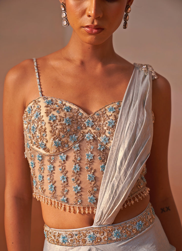 Powder Blue Shimmer Satin Pre Draped Saree With Corset Blouse