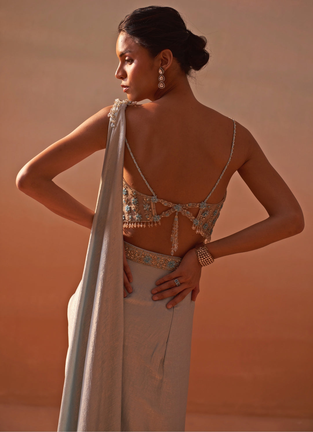 Powder Blue Shimmer Satin Pre Draped Saree With Corset Blouse