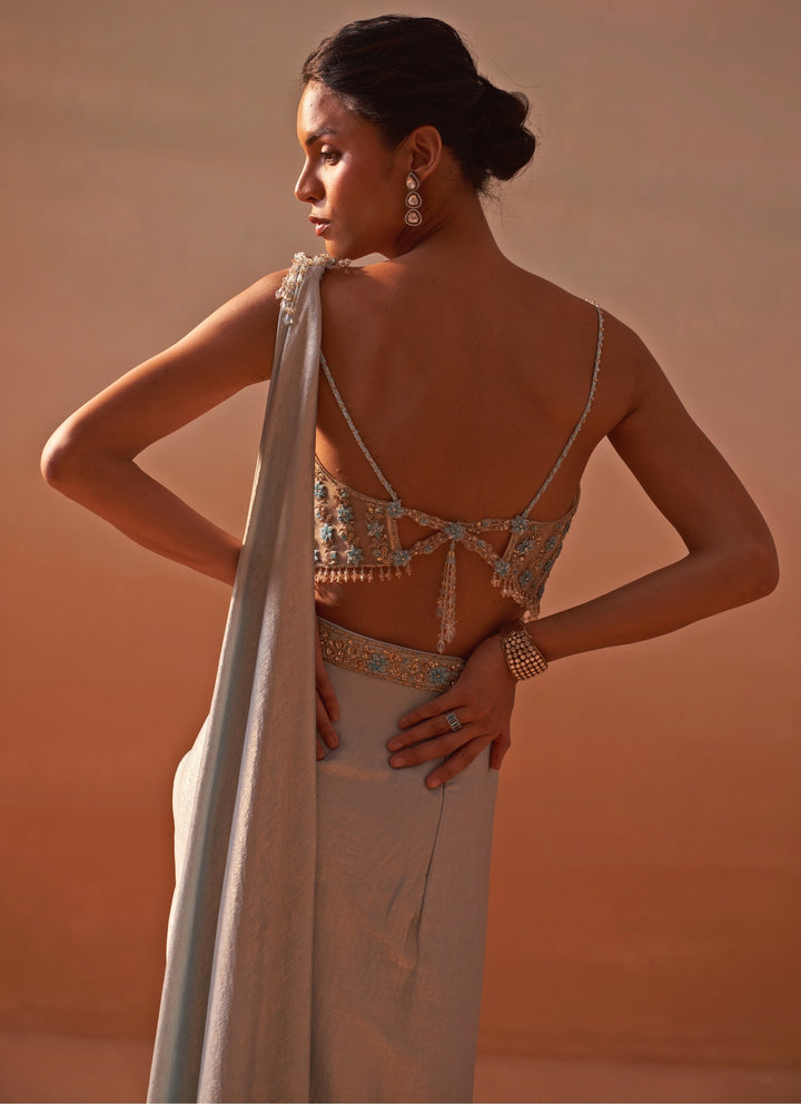 Powder Blue Shimmer Satin Pre Draped Saree With Corset Blouse