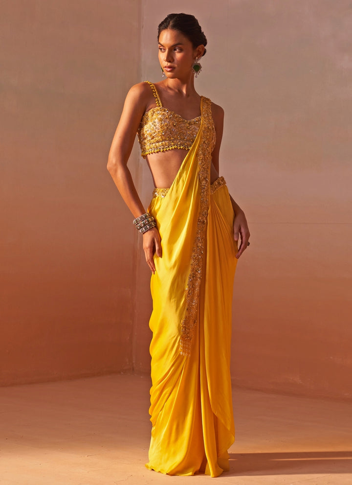 Yellow Satin Pre Draped Saree