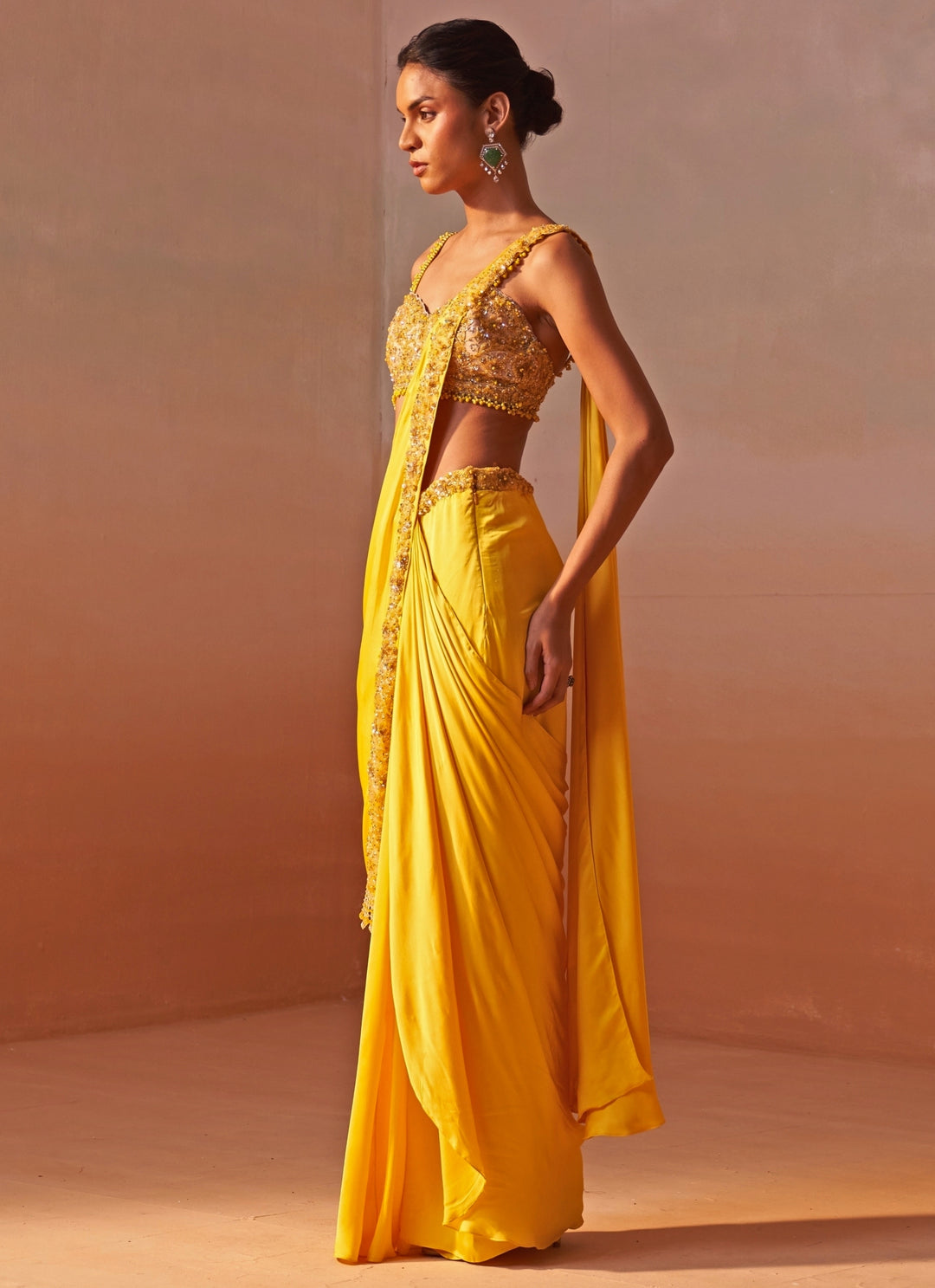 Yellow Satin Pre Draped Saree