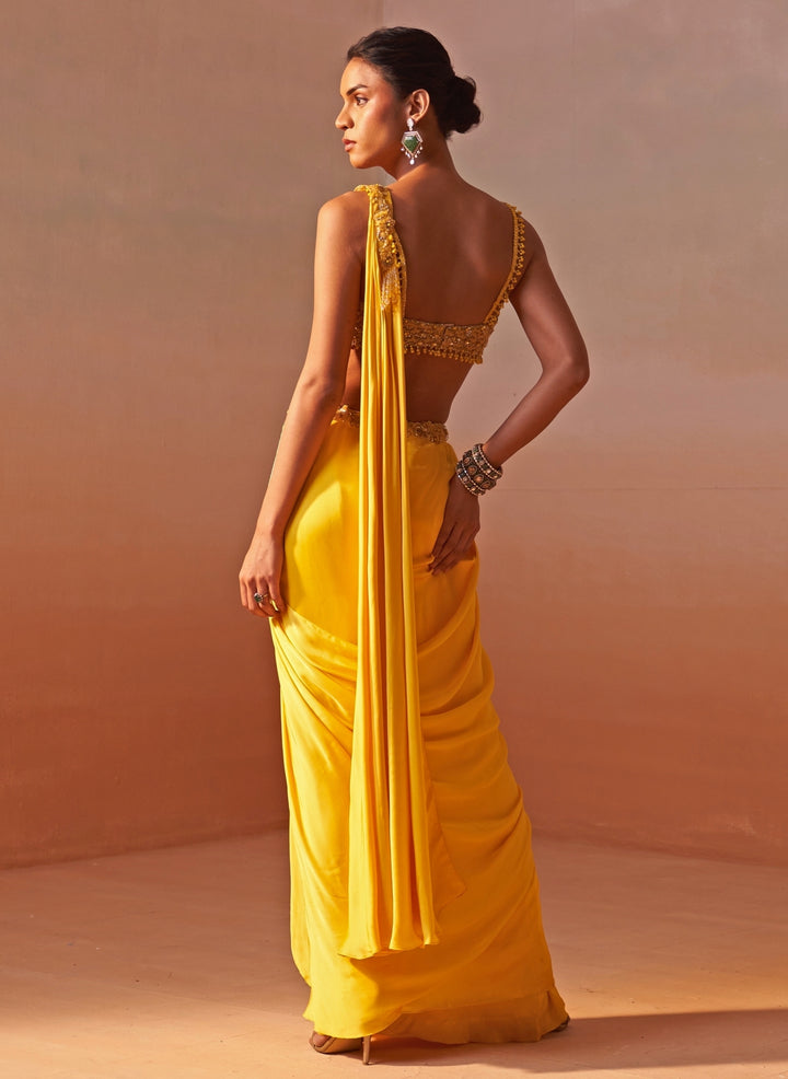 Yellow Satin Pre Draped Saree